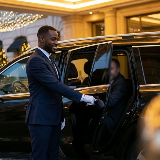Royal Dynamite concierge opening car door for client