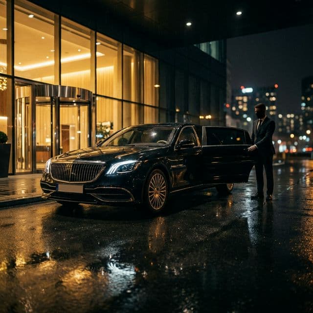 Chauffeur opening door of black luxury car at night